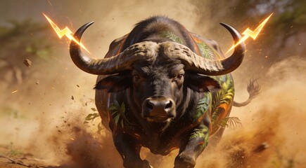Charging Cape Buffalo with Thunderbolt Horns in Dust Storm - AI-generated illustration