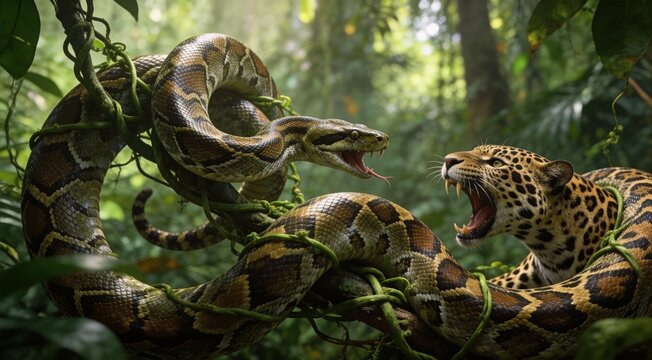 Abstract jungle predators anaconda and jaguar intertwined in vines, symbiotic coil composition, rain