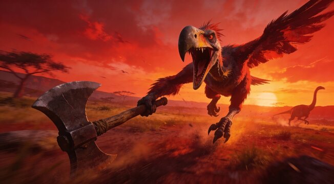 Abstract Epic Terror Bird Axe Beak Prehistoric Charge at Blood Red Sunset - AI-generated illustration