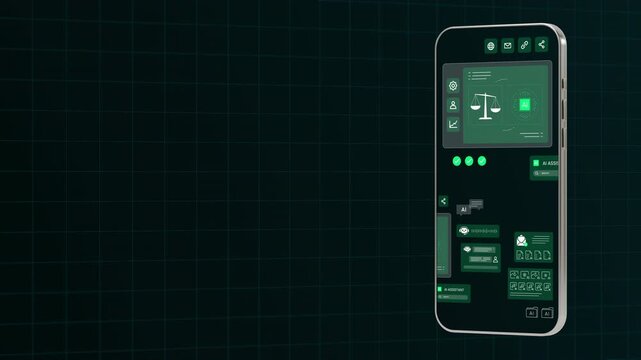 Mobile device interface showing a vertical layout of a legal assistant app with justice scales and AI search.