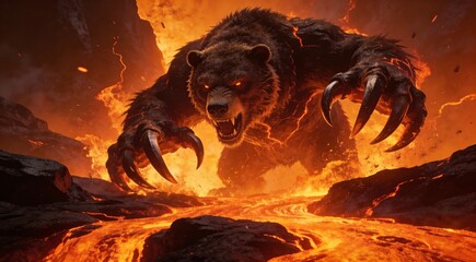 Abstract Wild Bear Beast with Massive Claws in Volcanic Lava Flows - AI-generated illustration