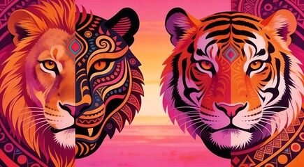 Symmetrical Abstract Lion Tiger Tribal Mask Fusion in Pink Dawn Light - AI-generated illustration