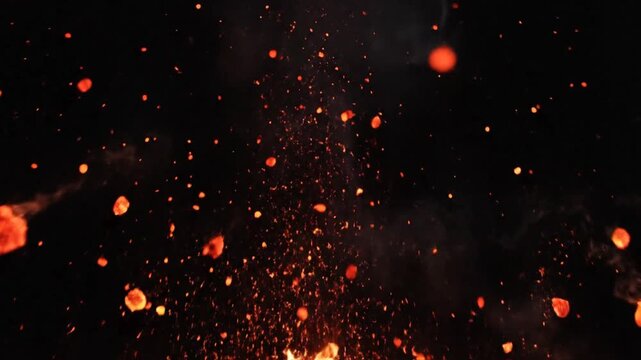 Epic fire explosion with sparks and smoke billowing on a black background for compositing or VFX