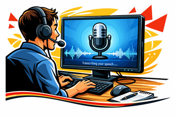 Man wearing headphones recording voice on computer with microphone icon.