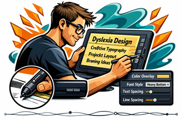 Graphic designer working on dyslexia friendly design on tablet.