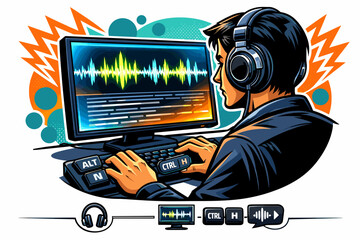 Man wearing headphones works on computer with audio waveform on screen.