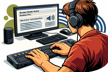 Man wearing headphones uses computer with screen reader technology.