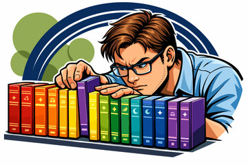 Man with Glasses Reaching for a Book on a Shelf.