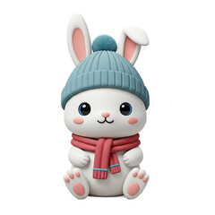 Cute Cartoon Bunny in Blue Beanie and Pink Scarf with Round Eyes