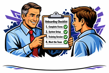 Manager explains onboarding checklist to new employee.