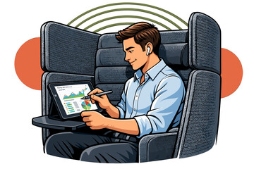 Man working on a tablet in a private booth.