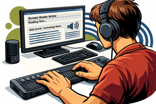 Man wearing headphones uses computer with screen reader technology.