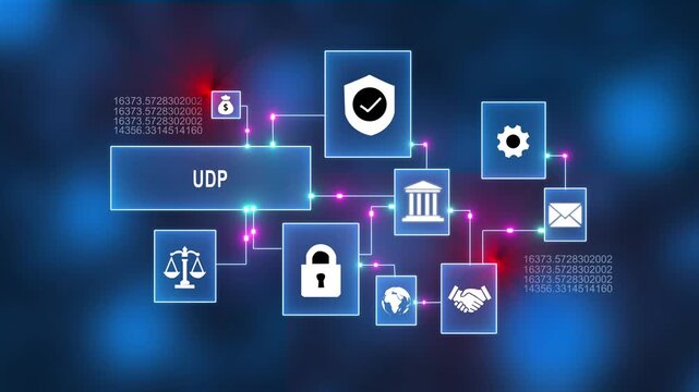 Digital network security icons with UDP protocol concept in futuristic blue cyber background for technology and data protection