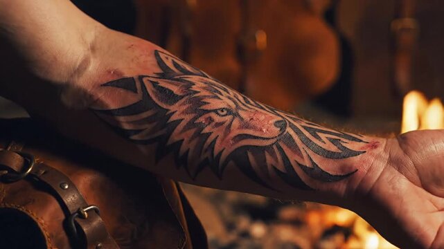 Tattooed forearm featuring a tribal wolf design with bold black lines and textured shading