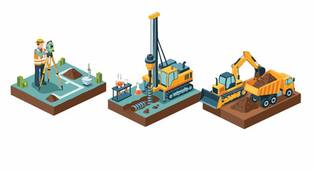 Fototapeta premium Isometric illustration of construction site stages: land surveying, geotechnical drilling, and heavy earthmoving machinery