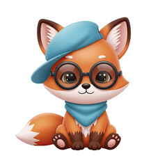 Cute Cartoon Fox Wearing Blue Beret and Glasses Sitting on Transparent Background
