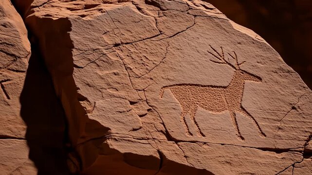 Ancient Rock Art Depicting a Deer in a Desert Landscape.