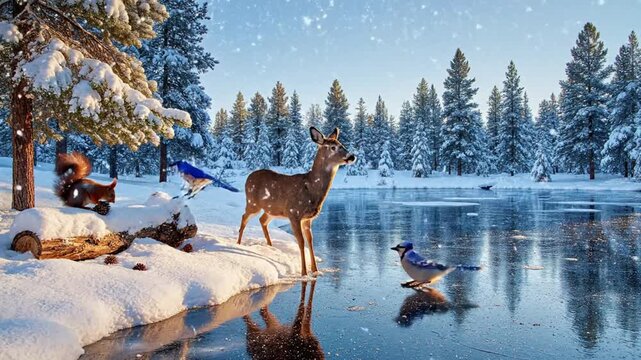 Magical Winter Wonderland with Deer, Squirrel, and Blue Jays in a Snowy Landscape