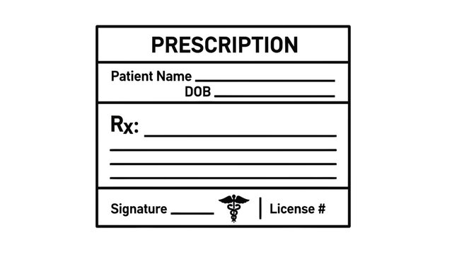 Medical Prescription Form with Caduceus Symbol, Patient Info, Rx Lines, and Signature Area
