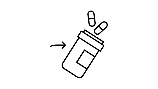 Pill bottle with falling pills and arrow, simple line art icon