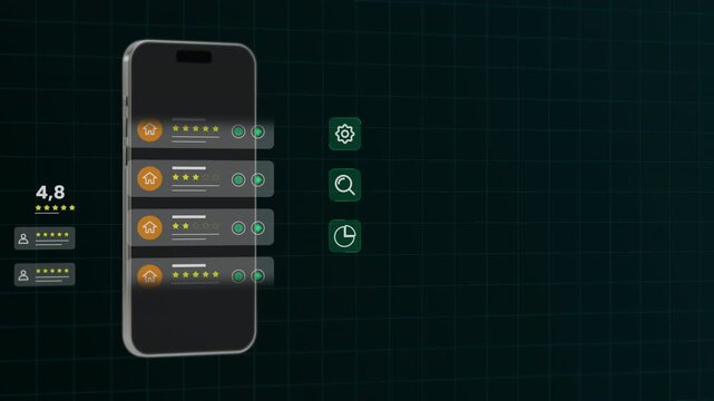 Mobile device interface displaying a vertical dashboard for monitoring customer satisfaction and star reviews.