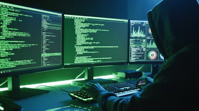 Mysterious hooded figure working with multiple monitors, highlighting cybersecurity concerns and