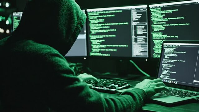 Anonymous hacker coding malware in a dark room with multiple screens, cybersecurity threat concept