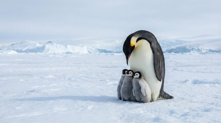 Tender moment captured of a majestic emperor penguin parent sheltering its three fluffy chicks closely against the vast icy expanse of the Antarctic landscape.