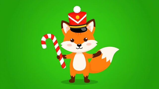 This cute vector illustration features a cheerful fox character standing and holding a festive candy cane while wearing a toy soldier hat on a vibrant green background.