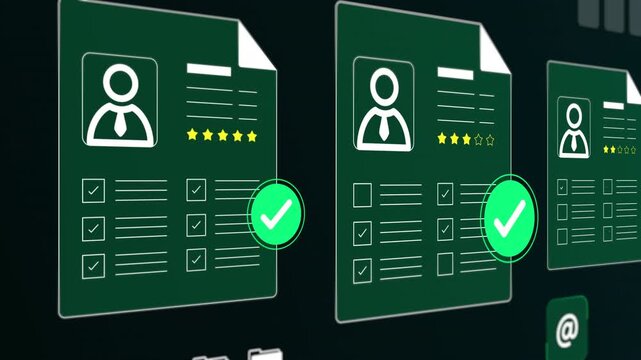 Detailed view of glowing green checkmark icons overlaying secure personnel document cards for system clearance.