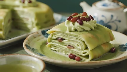 Matcha crepe cake with red bean topping served on a ceramic plate