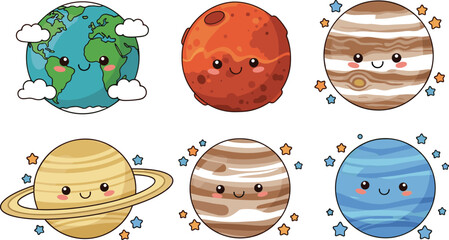 Cute cartoon solar system planets set kawaii space characters earth mars jupiter saturn neptune vector illustration for kids © Afsana Creatives