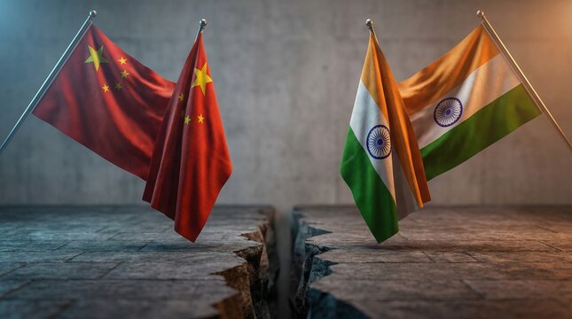 Symbolic representation of significant geopolitical tension and diplomatic rift between the nations of China and India symbolized by flags over a deep chasm.
