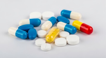 Assortment of Blue White Yellow and Red Capsule Pills with Round Tablets on Plain Background