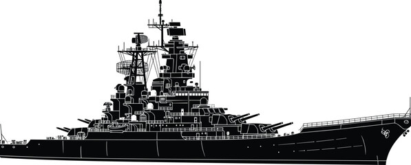 Detailed battleship silhouette vector illustration, military naval warship side view in black and white style, maritime defense concept, historical combat vessel design © Krisna