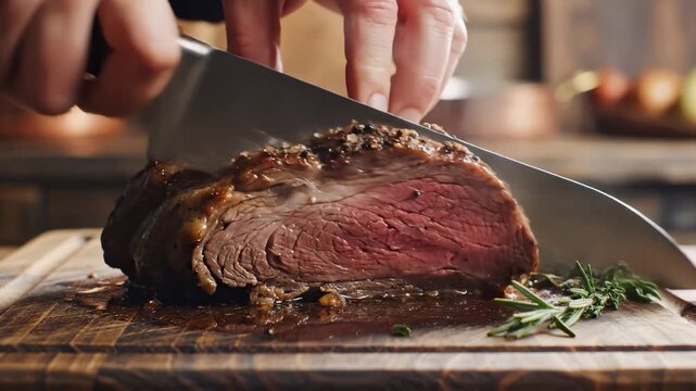 Chef Slicing Roasted Beef Tenderloin on Cutting Board With Rosemary