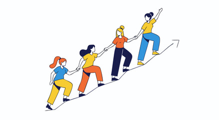 Fototapeta premium Flat line illustration of women walking up a growth arrow holding hands representing collective career advancement and business success