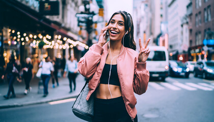 Fototapeta premium young woman walking in city on phone, modern lifestyle, confidence and urban freedom