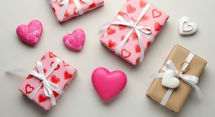 Fototapeta premium Flat lay arrangement of pink heart patterned gift boxes and felt hearts with kraft paper package present