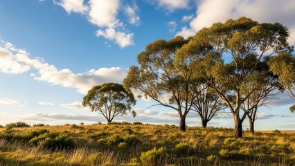 Obraz premium Golden sunlight bathes Australian bushland with scattered trees and rolling hills under a blue cloudy sky