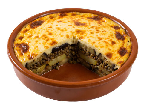 Vegetarische Moussaka mit Auberginen und Bechamelsauce auf wei&szlig;em Hintergrund