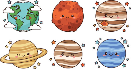 Cute kawaii solar system planets with smiling faces cartoon earth jupiter saturn space characters kids astronomy vector illustration set © Rayhan