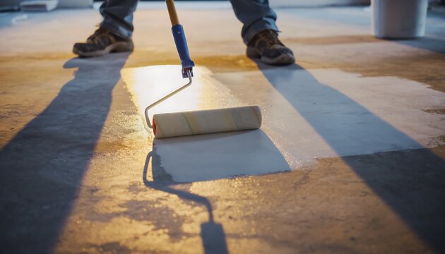 Person Applies Fresh White Paint to Concrete Floor with Roller