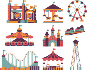 Colorful amusement park vector illustration with ferris wheel, roller coaster, castle, carousel, bumper cars, inflatable playground, and circus tent design