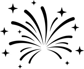 Minimalist black fireworks line art illustration with clean curved strokes and small star elements. Simple and modern outline design in solid black color, isolated on white background.