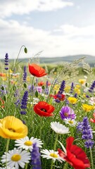 Vibrant meadow of colorful wildflowers basking under a gentle sunlight