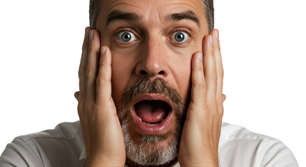Caucasian man with surprised expression, hands on face, for shocked reaction concept isolated on transparent background.