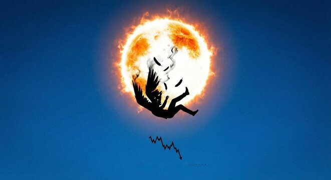 Silhouette of Icarus falling from the sun with melting wings concept