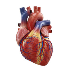 Detailed anatomical illustration of a human heart with visible blood vessels isolated on white background