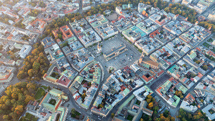 Fototapeta premium Aerial View of Krakow Main Market Square and Historic City Center in Autumn With Rooftops and Dense Urban Architecture